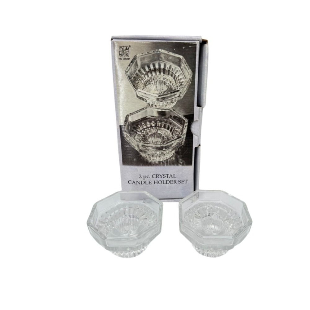 Crystal Candle Holder Set Clear Octagon Glass Taper Decor KIG Group